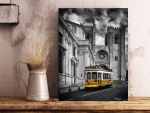 Tram passing in front of the cathedral - Wooden Photo Wall Art