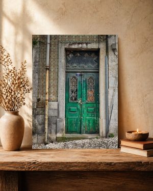 Green door near castelo - Wooden Photo Wall Art