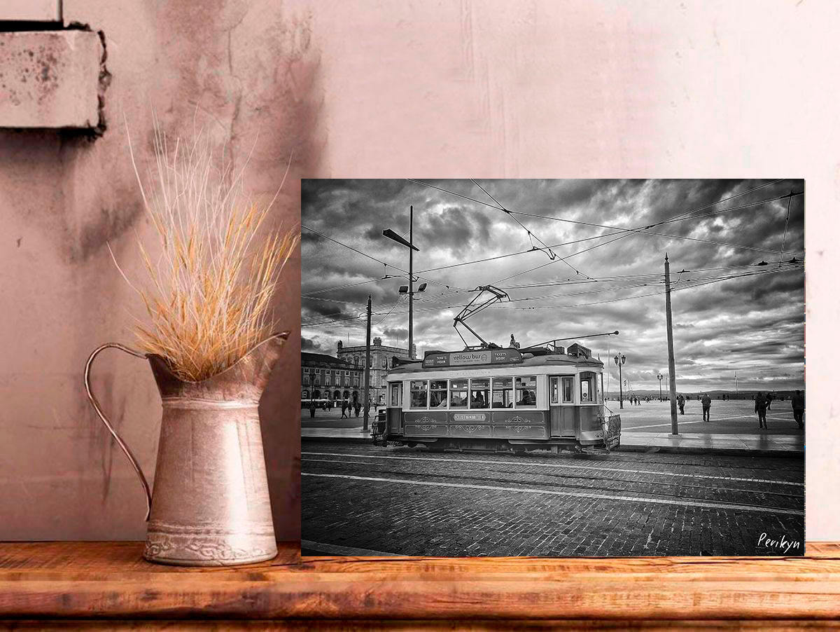 Tram on Praça de Comercio - Wooden Photo Wall Art